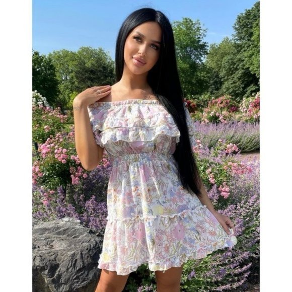White Floral Print Short Sleeve Off Shoulder Ruffle Tiered Mini Dress - Picture 12 of 15